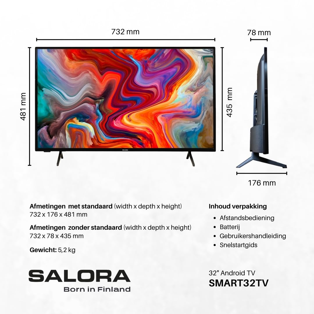 Salora SMART32TV - 32 Inch HD Smart Android TV met Ingebouwde Chromecast, Dolby Atmos, WiFi, Netflix, LED, Smart TV met Internet TV, Android TV, Prime Video, Apple TV, Disney+, Televisie, Zwart