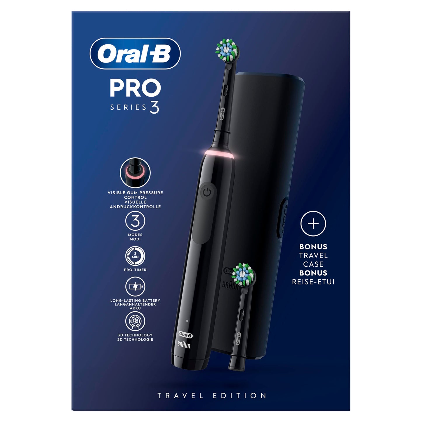 Oral B 8006540759912 Oral-B Pro 3 3500 Zwart Elektrische Tandenborstel, 1 Reisetui, 2 Opzetborstels, Ontworpen Door Braun