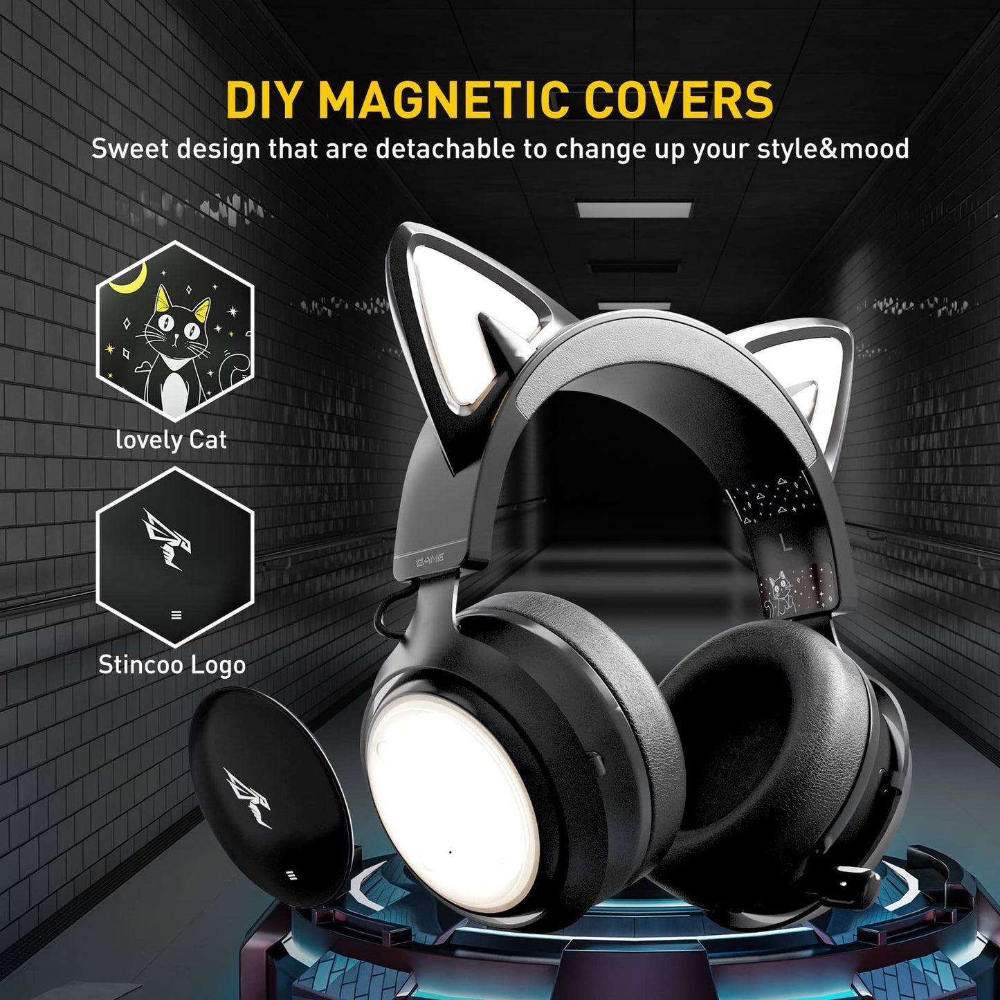 SOMIC GS510 Cat Headset, 3,5 mm bedrade hoofdtelefoon met intrekbare microfoon ruisonderdrukking, voor Xbox One, PS5, PS4, PC, zwart