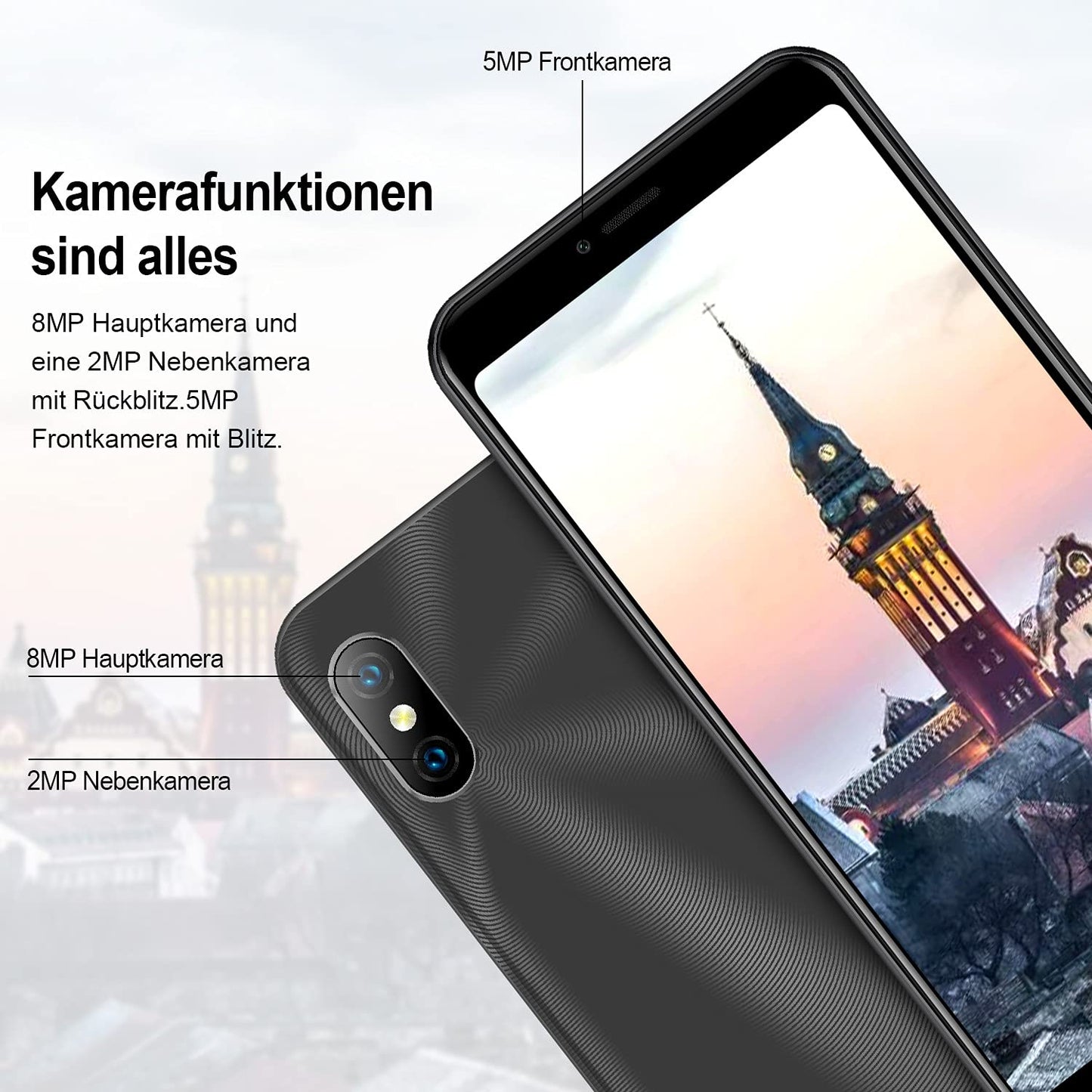 KXD 6A Mobiele Telefoons Android 8.1-3G Dual SIM Goedkope Smartphones Ontgrendeld 3in1 Sleuf 5,5 inch Scherm 1GB RAM 8GB ROM 5MP+0.3MP+2MP Drievoudige Camera's Gezicht Ontgrendelen, Zwart
