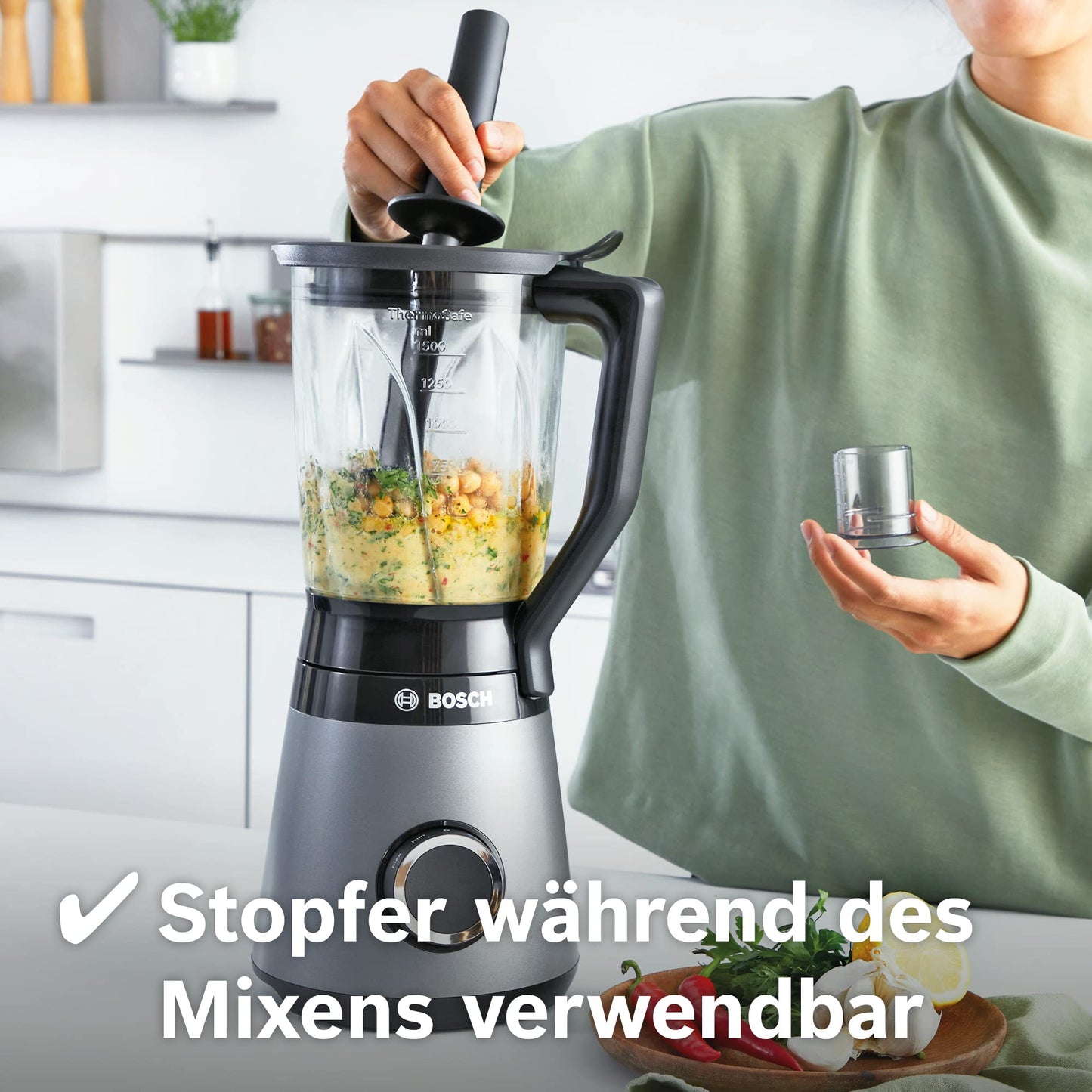 Bosch VitaPower Serie | 4 blender, MMB6177S, direct blenden in ToGo-fles, ProPerformance-systeem, 1200 Watt, ThermoSafe glazen blenderkan, 2 snelheden en pulse functie, zilver