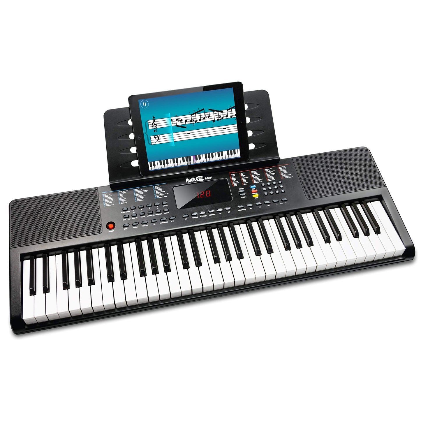 RockJam RJ361 61 Key Keyboard Piano met bladmuziekstandaard Piano Note Sticker Voeding en gewoon pianotoepassing, Zwart
