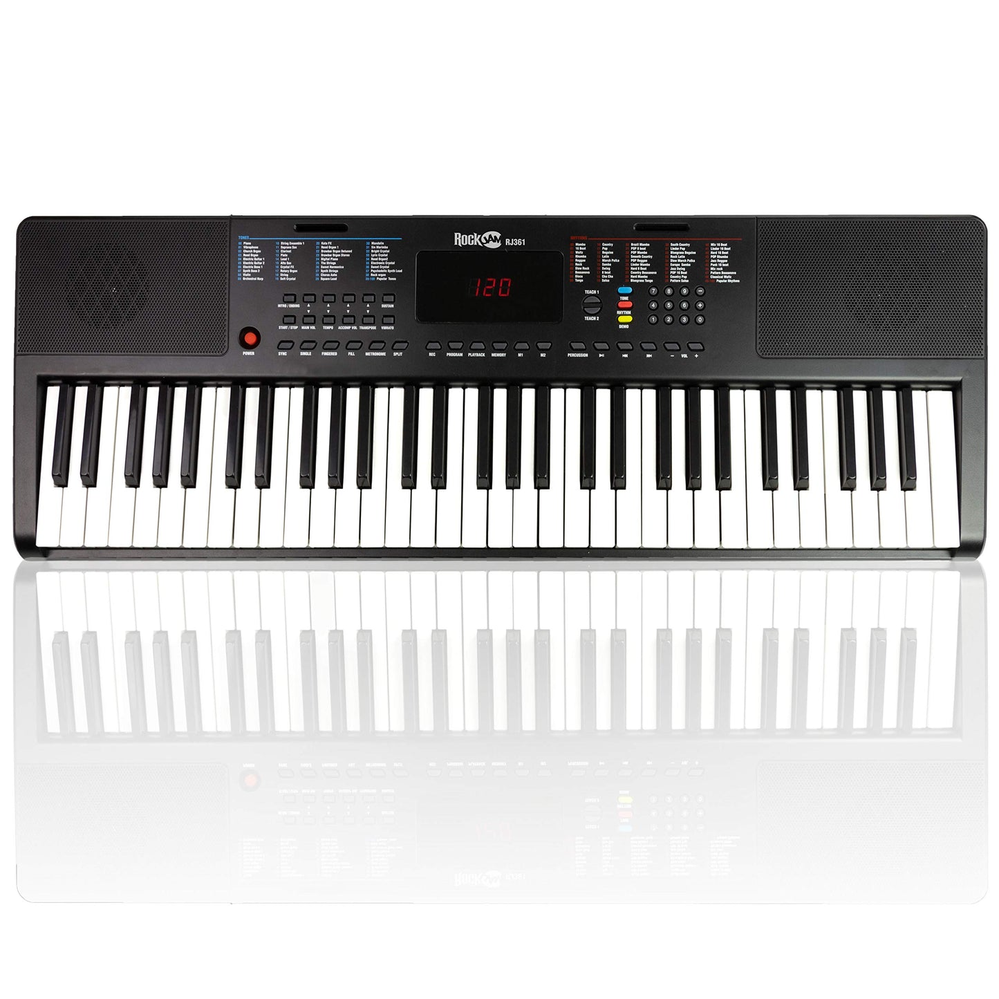 RockJam RJ361 61 Key Keyboard Piano met bladmuziekstandaard Piano Note Sticker Voeding en gewoon pianotoepassing, Zwart