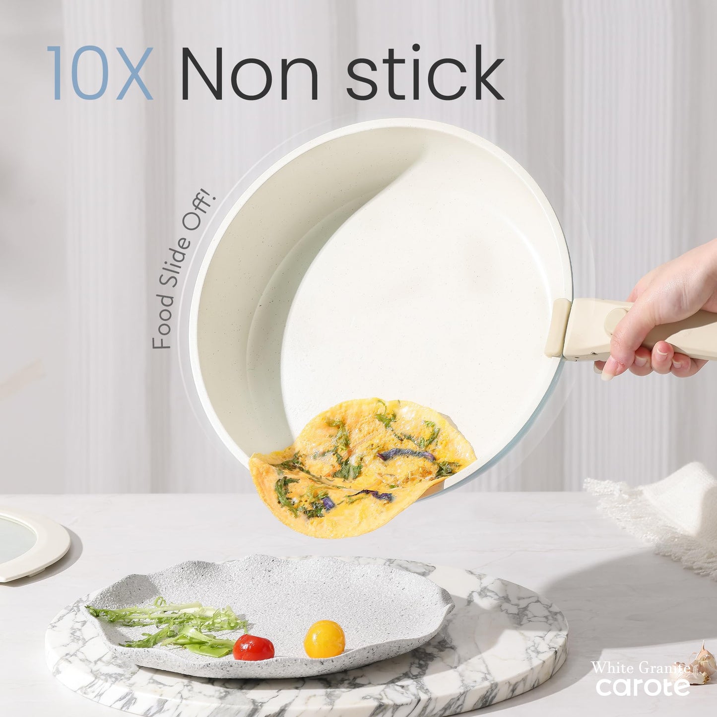 CAROTE 8-delige pannenset met afneembare handgrepen, pan 26 cm, steelpan 18/20 cm, wok 26 cm, anti-aanbaklaag, stapelbare kookpannenset voor inductie, ovenbestendig