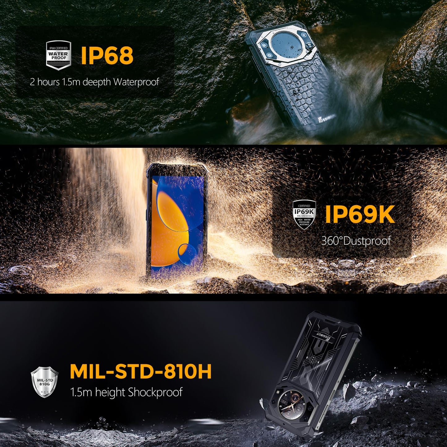 FOSSiBOT F101 PRO Robuuste smartphone 15+128GB Android 13 5,45" HD+ 1,32” scherm, 10600mAh robuuste mobiele telefoon, IP68 IP69K, 24+8MP camera Robuuste telefoon Dual SIM 4G ontgrendeld GPS/OTG