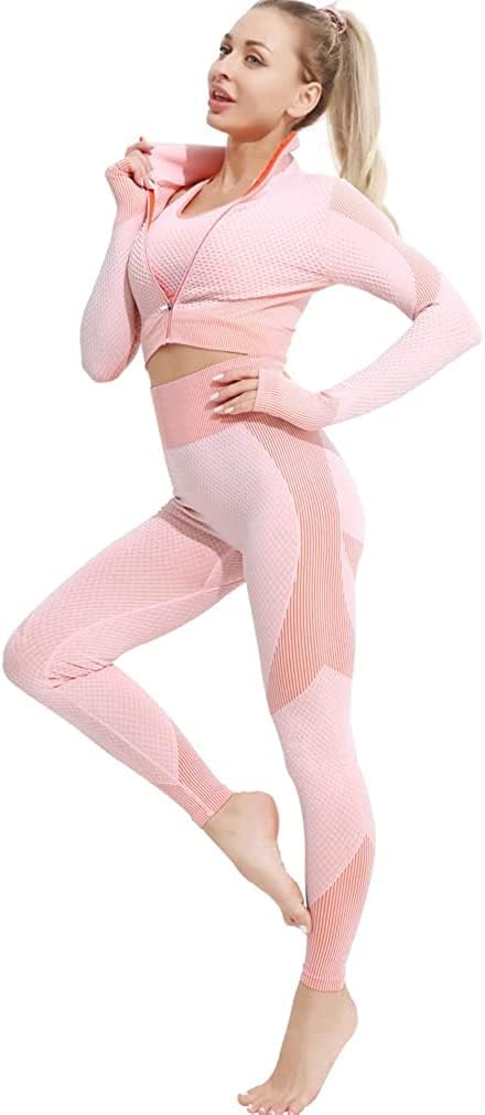 Veriliss Workoutpak voor dames, 3-delig, naadloze outfit, workoutset, gymkleding, yoga-sportkleding, legging en stretch sport-beha, gym-jumpsuit, kledingset, roze, L