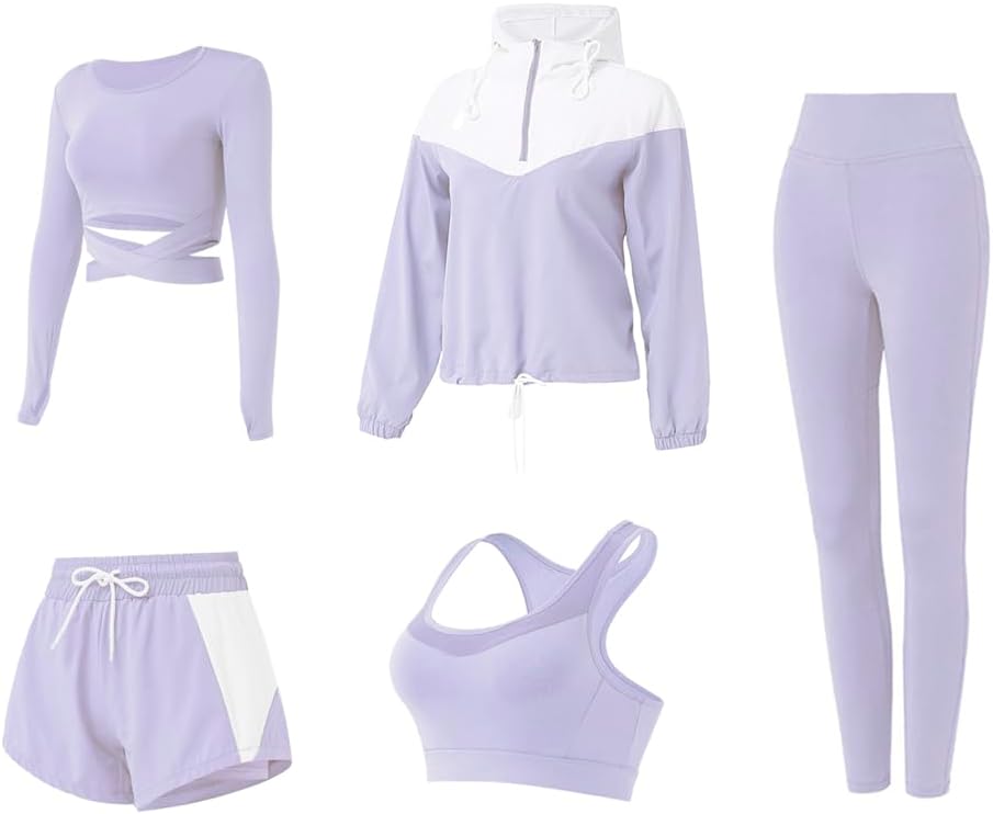 DJKTTMKW Activewear-sets voor dames, 5-delige trainingssets voor dames, gymkleding, oefening, fitness, joggingbroek, tennis, sportoutfits, yogapak, trainingspakken voor dames, volledige set joggingpak