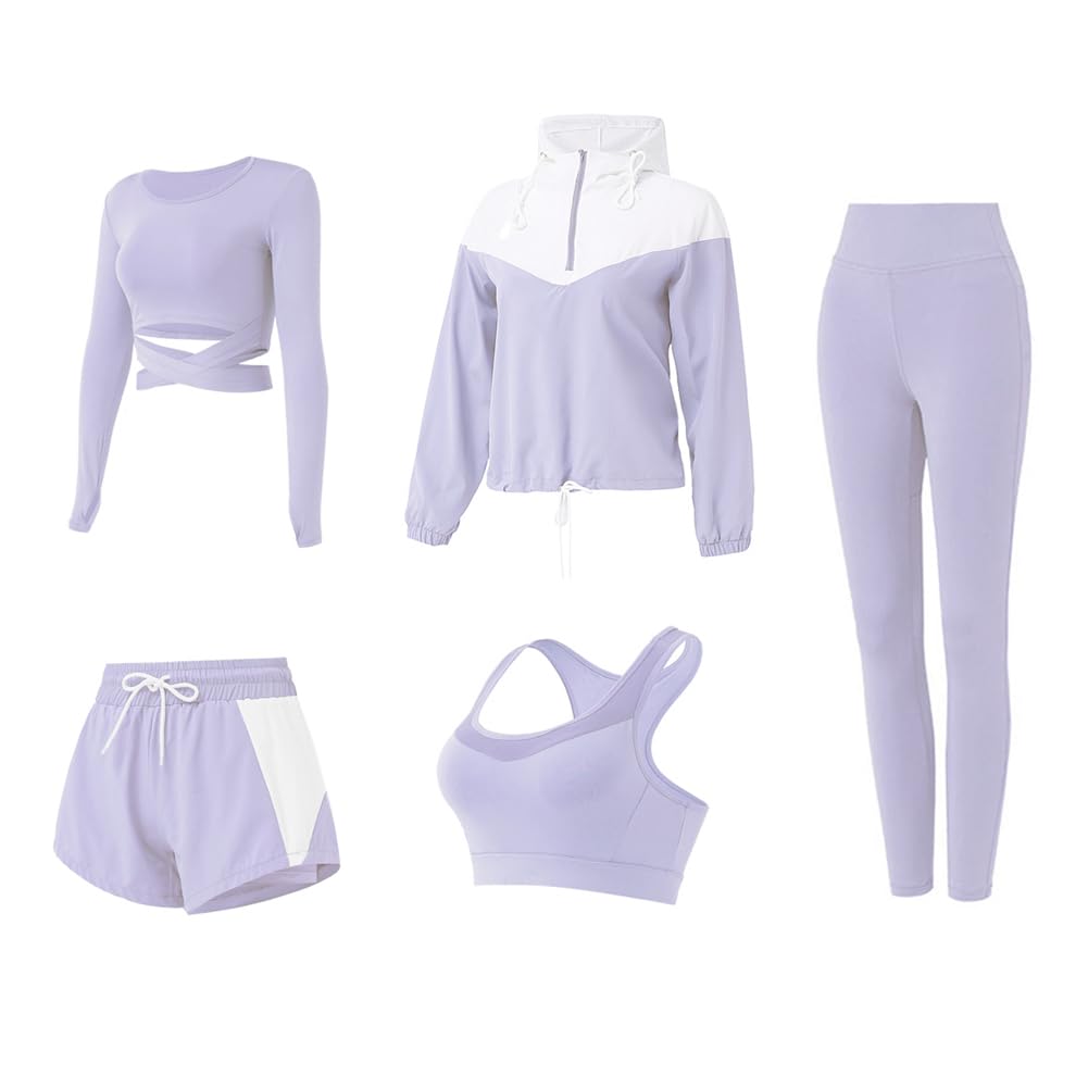 DJKTTMKW Activewear-sets voor dames, 5-delige trainingssets voor dames, gymkleding, oefening, fitness, joggingbroek, tennis, sportoutfits, yogapak, trainingspakken voor dames, volledige set joggingpak