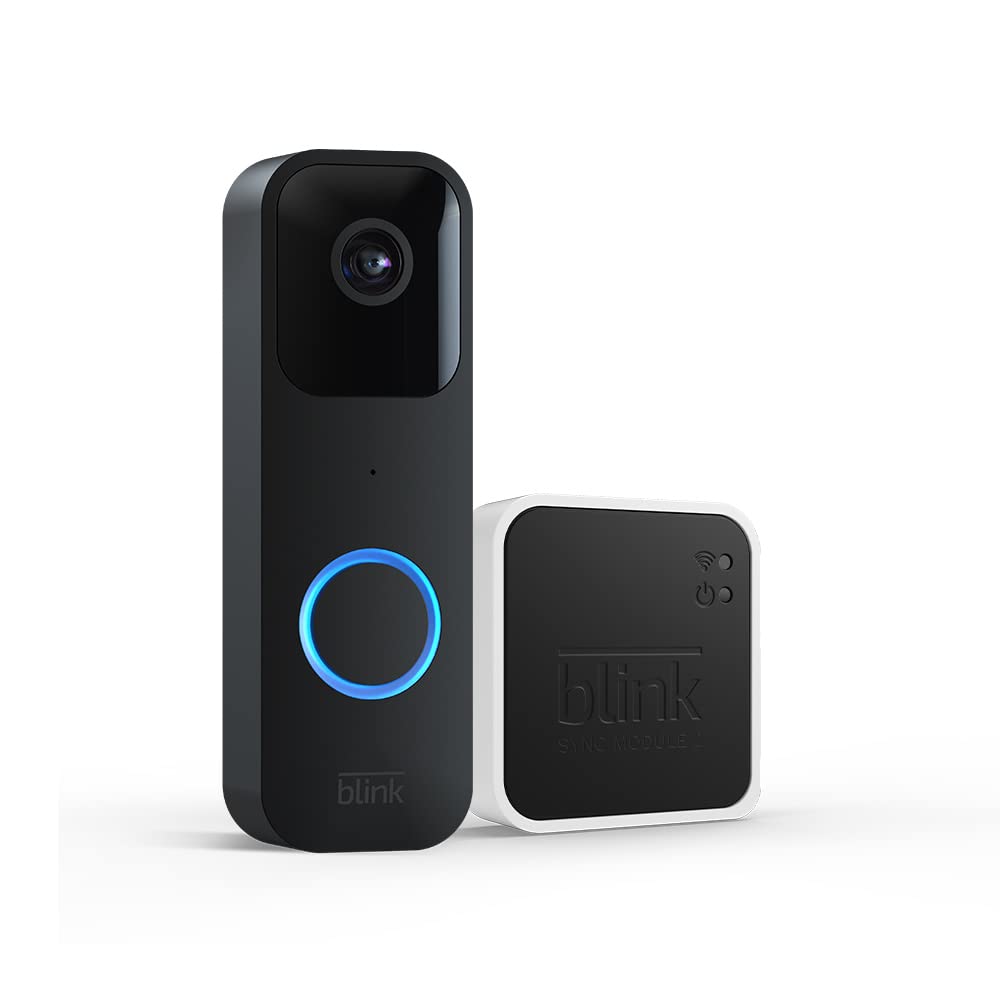 Blink Video Doorbell + Sync Module 2: tweerichtings-audio; HD-video; bewegingssensor; eenvoudige installatie; met bekabeling of draadloos (zwart) | Blink Abonnement gratis proefperiode