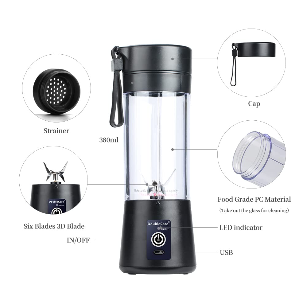 DoubleCare Draagbare blenderbeker, elektrische USB-sapcentrifuge, mini-blender draagbare blender voor shakes en smoothies, sap, 380 ml, zes messen geweldig om te mengen, zwart