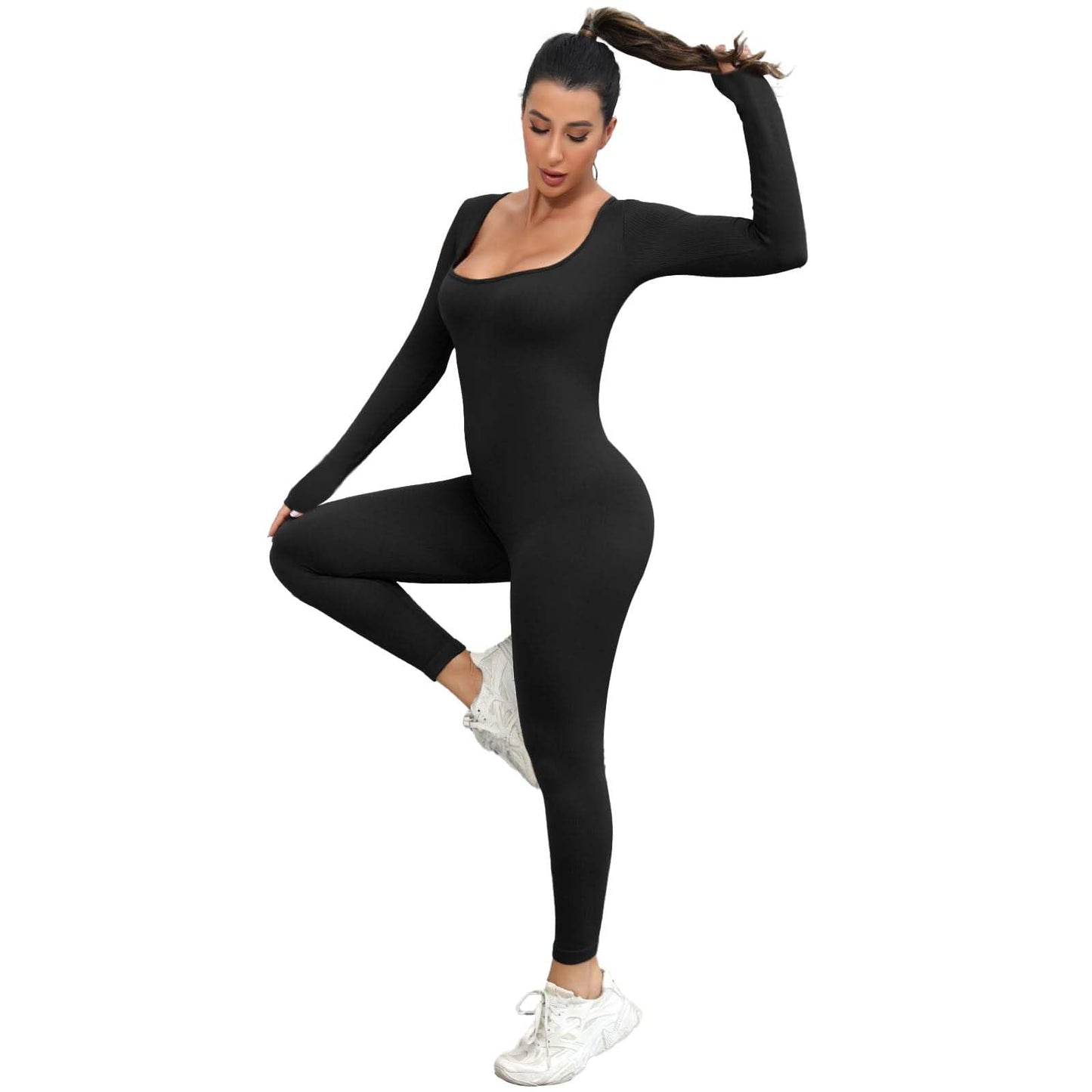 Hanaoops Vrouwen Yoga Jumpsuits Sexy Lange Mouw Vierkante Hals Stretchy Sportkleding Skinny Een Stuk Yoga Workout Dagelijks Dragen