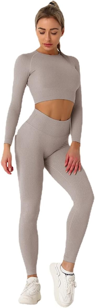 J'asayla Yoga-outfits 2 stuks naadloze gymsets voor top met lange mouwen en hoge taille leggings gym kleding set dames sportkleding