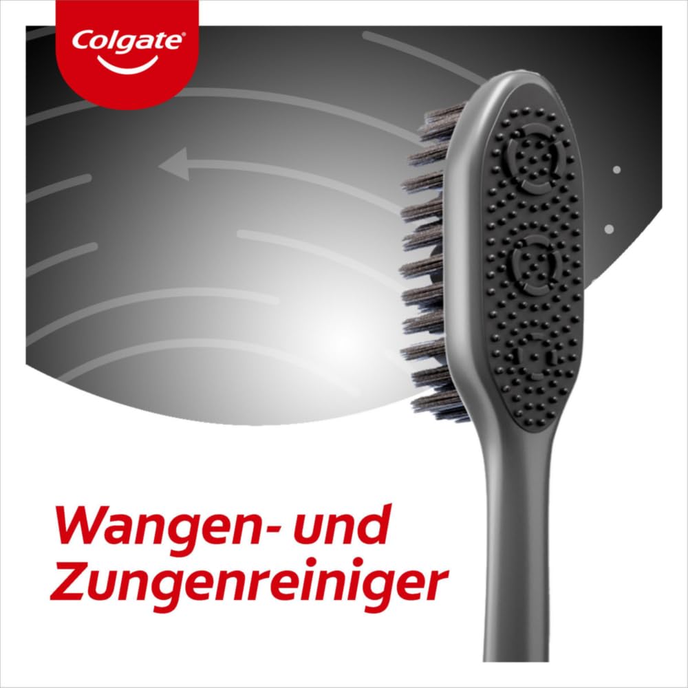 Colgate Tandenborstel 360° actieve kool, 1 stuk – met middelharde borstelharen en actieve kool voor een grondige tandreiniging – geïntegreerde wang- en tongreiniger