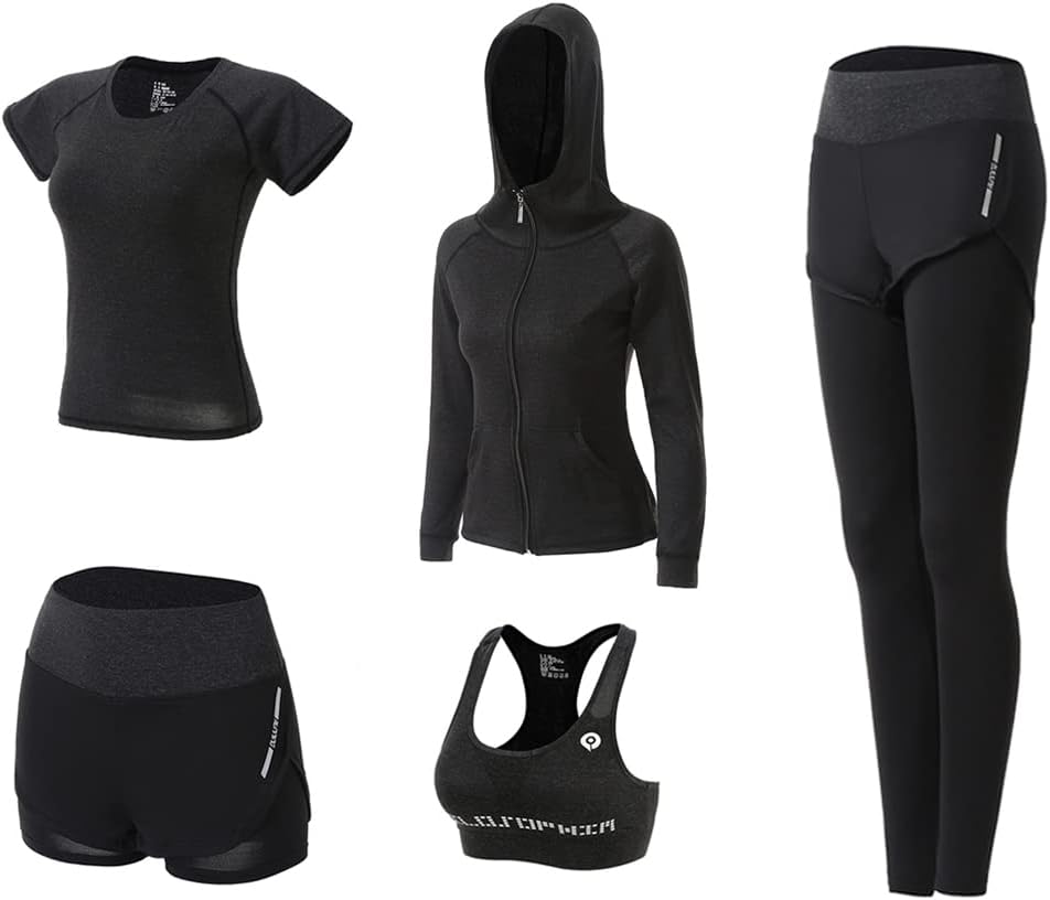 DJKTTMKW Trainingspak voor dames, joggingpak, 5 stuks, sportpakken, yogakleding, sport, gym, set, workout, hardlopen, kleding, outfit, sportkleding, vrouwen