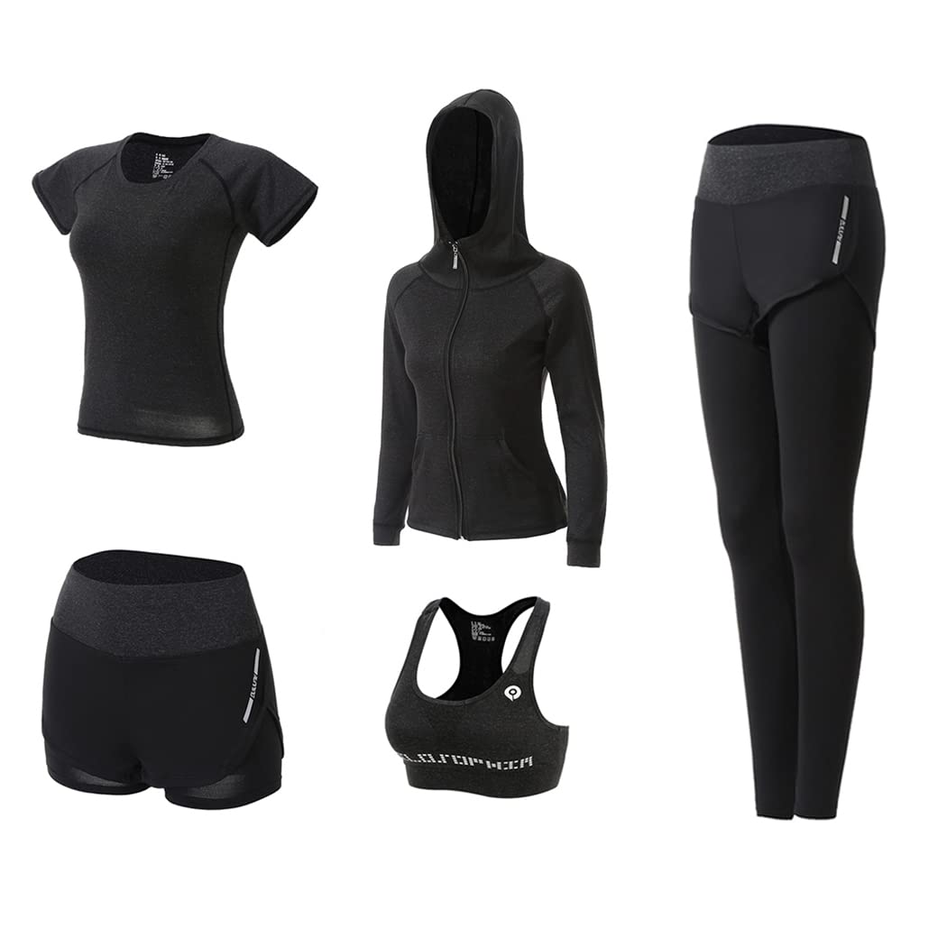 DJKTTMKW Trainingspak voor dames, joggingpak, 5 stuks, sportpakken, yogakleding, sport, gym, set, workout, hardlopen, kleding, outfit, sportkleding, vrouwen