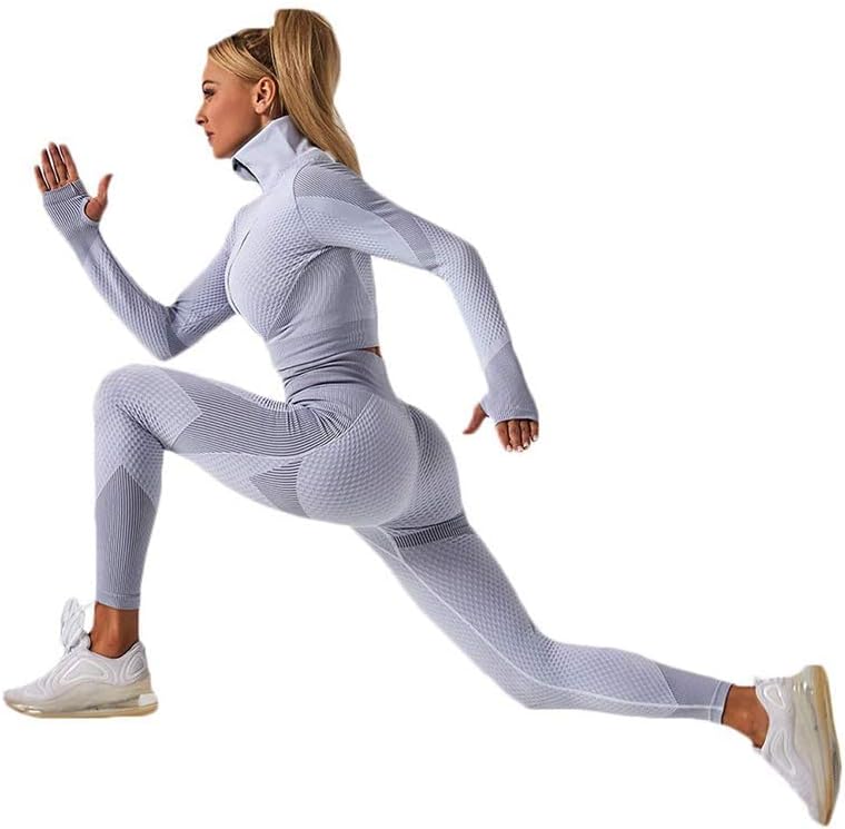 Veriliss Workoutpak voor dames, 3-delig, naadloze outfit, workoutset, gymkleding, yoga-sportkleding, legging en stretch sport-beha, gym-jumpsuit, kledingset, Grijs, L