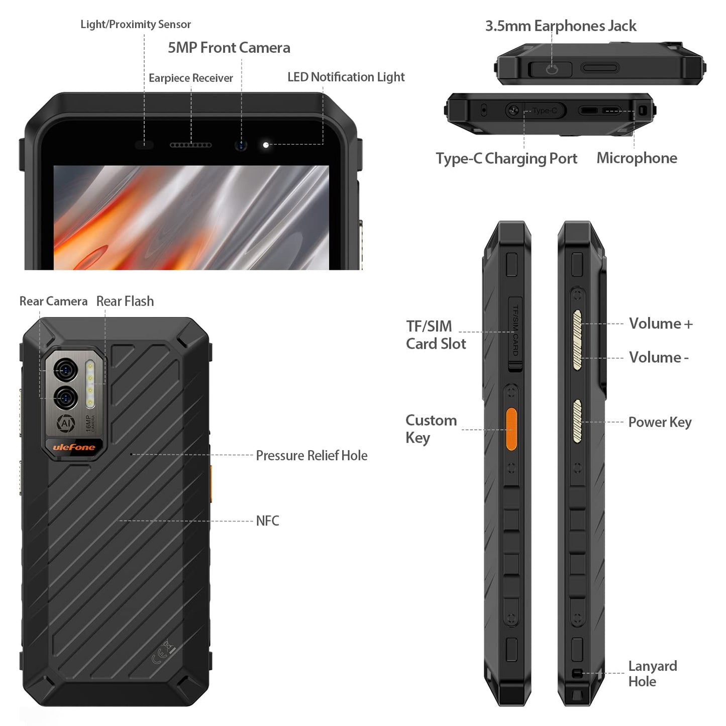 Ulefone Armor X11 Android 13 Outdoor Smartphone zonder abonnement, 8150 mAh accu, 3-kaartsleuven, 16 MP onderwatercamera, Helio A22 8 GB + 32 GB, 5,45 inch IP68 waterdichte mobiele telefoon, gezichtsontgrendeling, NFC GPS