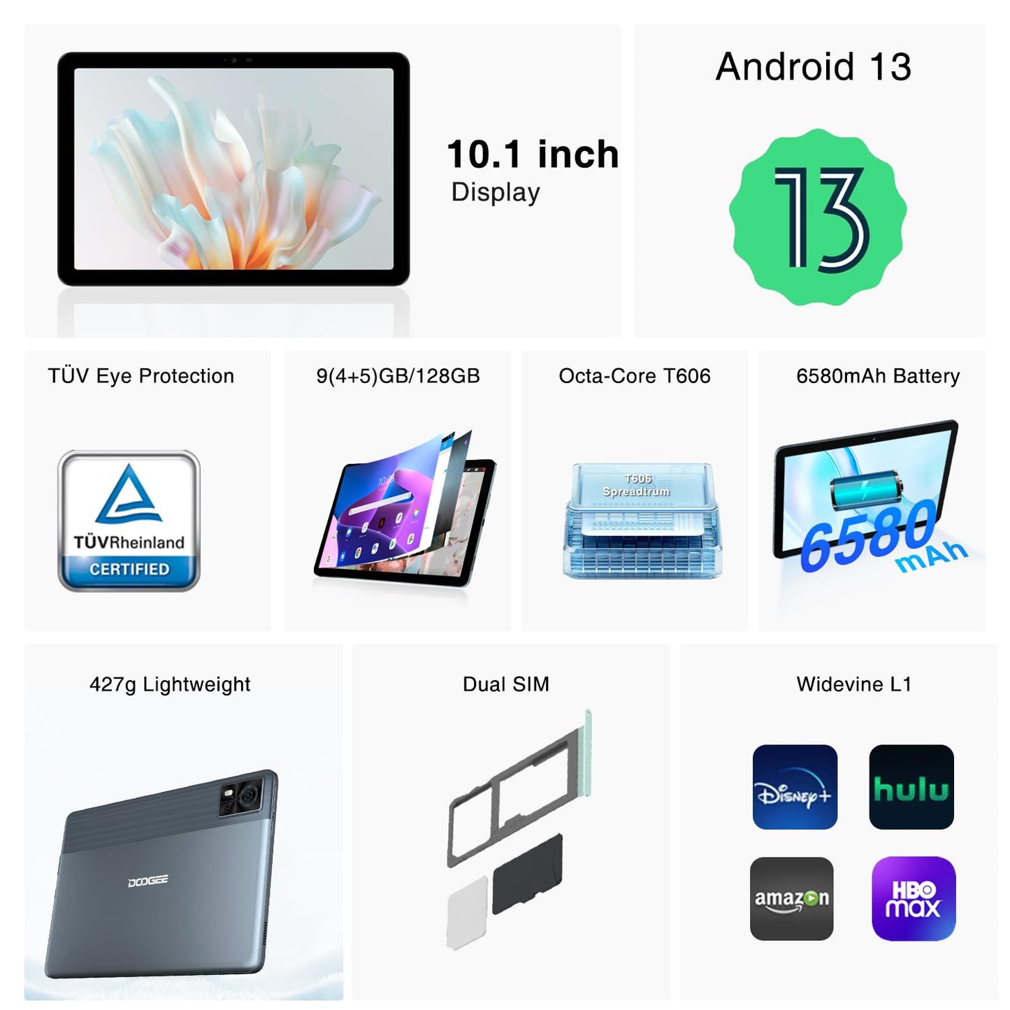 DOOGEE T10E Android 13 Tablet, 10.1 Inch Touch Tablet, 9GB + 128GB (1TB TF), 6580mAH 10 Inch Tablet, Octa-Core 4G Dual SIM Tablet, Widevine L1, 8MP/5MP, OTG/BT5.0/2.4G+5G WiFi/GPS-Grijs