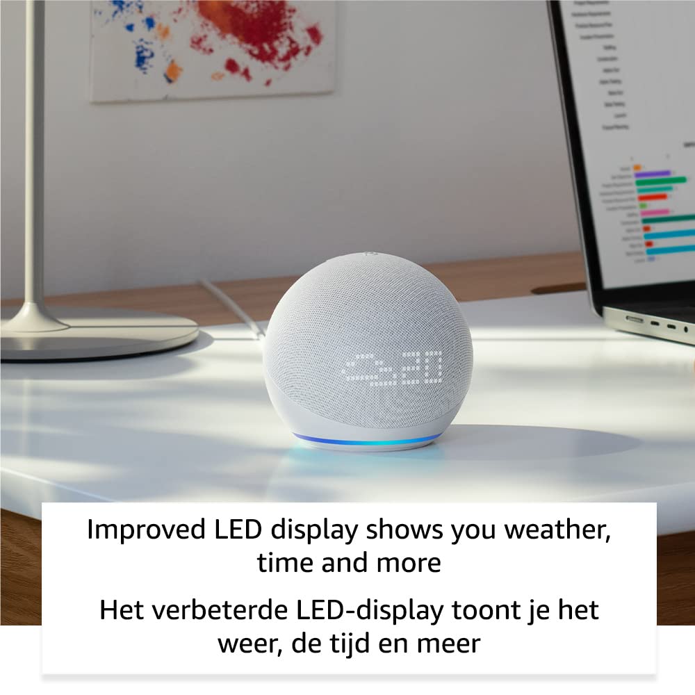 Echo Dot (5e generatie, 2022-release) met klok | Internationale versie | Slimme luidspreker met klok en Alexa | Wit | Nederlandse taal niet beschikbaar