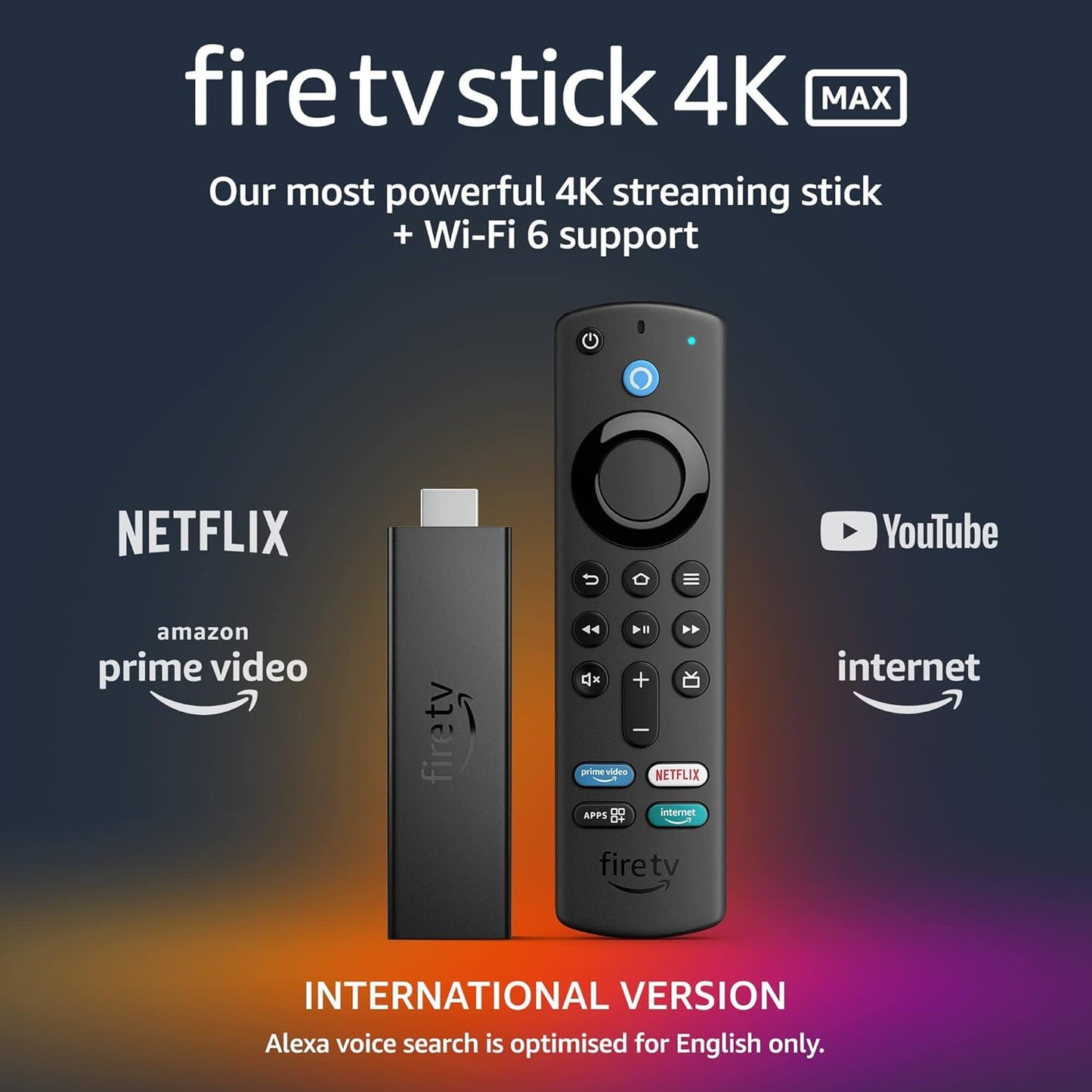 Fire TV Stick 4K Max Internationale versie | streamingapparaat, wifi 6, Alexa Voice Remote (inclusief tv-besturing), 1e generatie