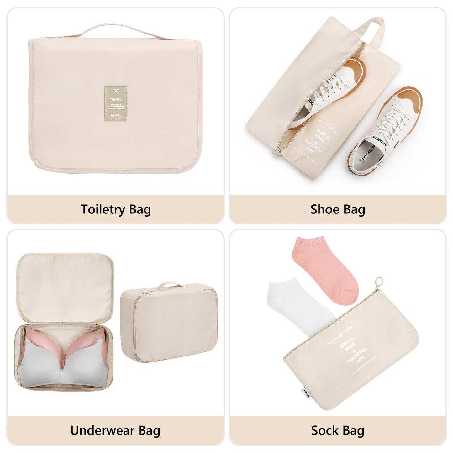 Packing Cubes, 8-delige set, kledingtassen, koffer-organizer voor vakantie en reizen, set pakkubussen, opbergsysteem voor koffer, beige