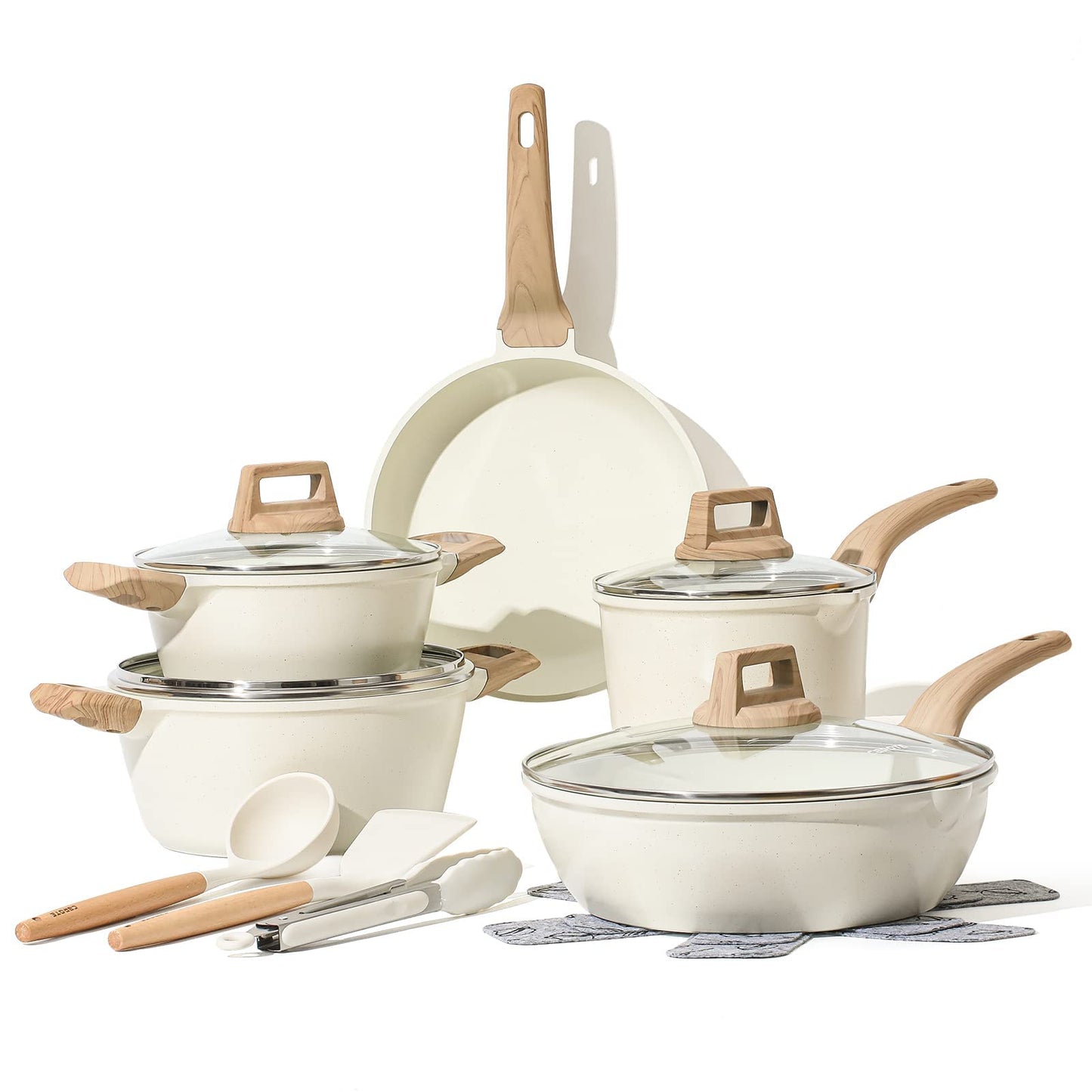 CAROTE Pannenset 14-delig,Bestaande uit een pan van 24/28 cm,18/20/24 cm Kookpan Met deksel en Keukengerei,Niet giftig ,Compatibel met alle fornuizen