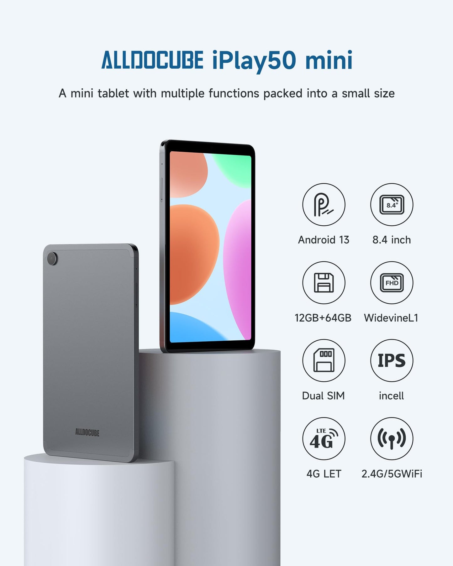 ALLDOCUBE iPlay 50 Mini Tablet Android 13, Widevine L1 Tablet 8.4 Inch FHD 1920 x 1200 Incell IPS, 12(4+8) GB RAM 64GB ROM/TF 512GB, Tablet PC Octa-Core, 4G LTE Bluetooth 5.0, Google GMS/GPS