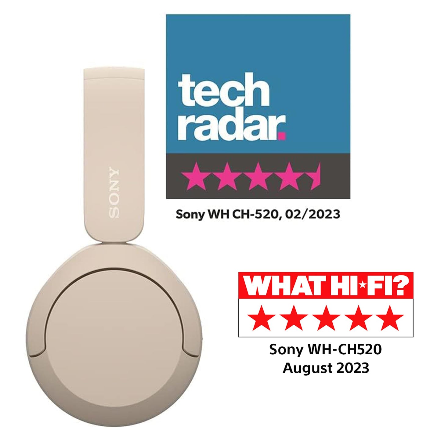 Sony WH-CH520 Draadloze Bluetooth-hoofdtelefoon, tot 50 uur batterijduur met snellaadfunctie, on-ear model, beige