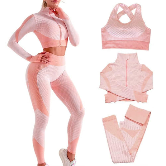 Veriliss Workoutpak voor dames, 3-delig, naadloze outfit, workoutset, gymkleding, yoga-sportkleding, legging en stretch sport-beha, gym-jumpsuit, kledingset, roze, L