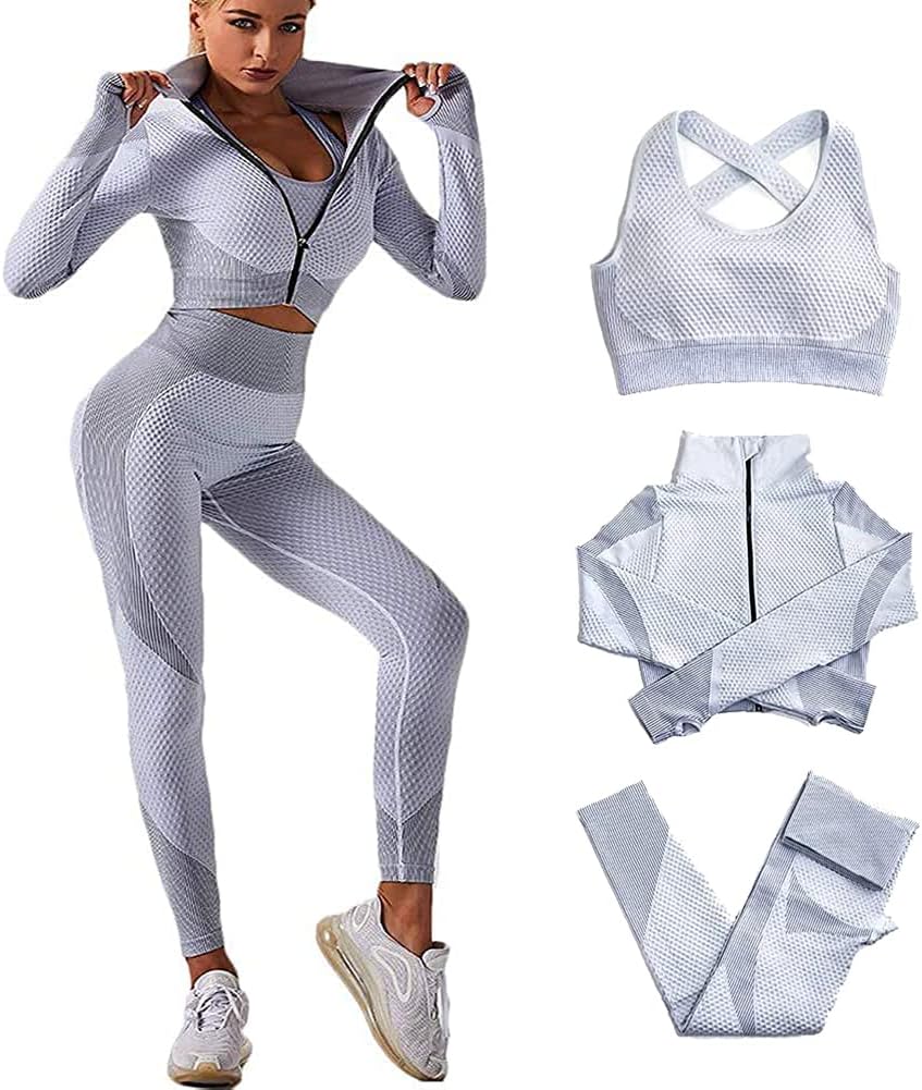 Veriliss Workoutpak voor dames, 3-delig, naadloze outfit, workoutset, gymkleding, yoga-sportkleding, legging en stretch sport-beha, gym-jumpsuit, kledingset, Grijs, L