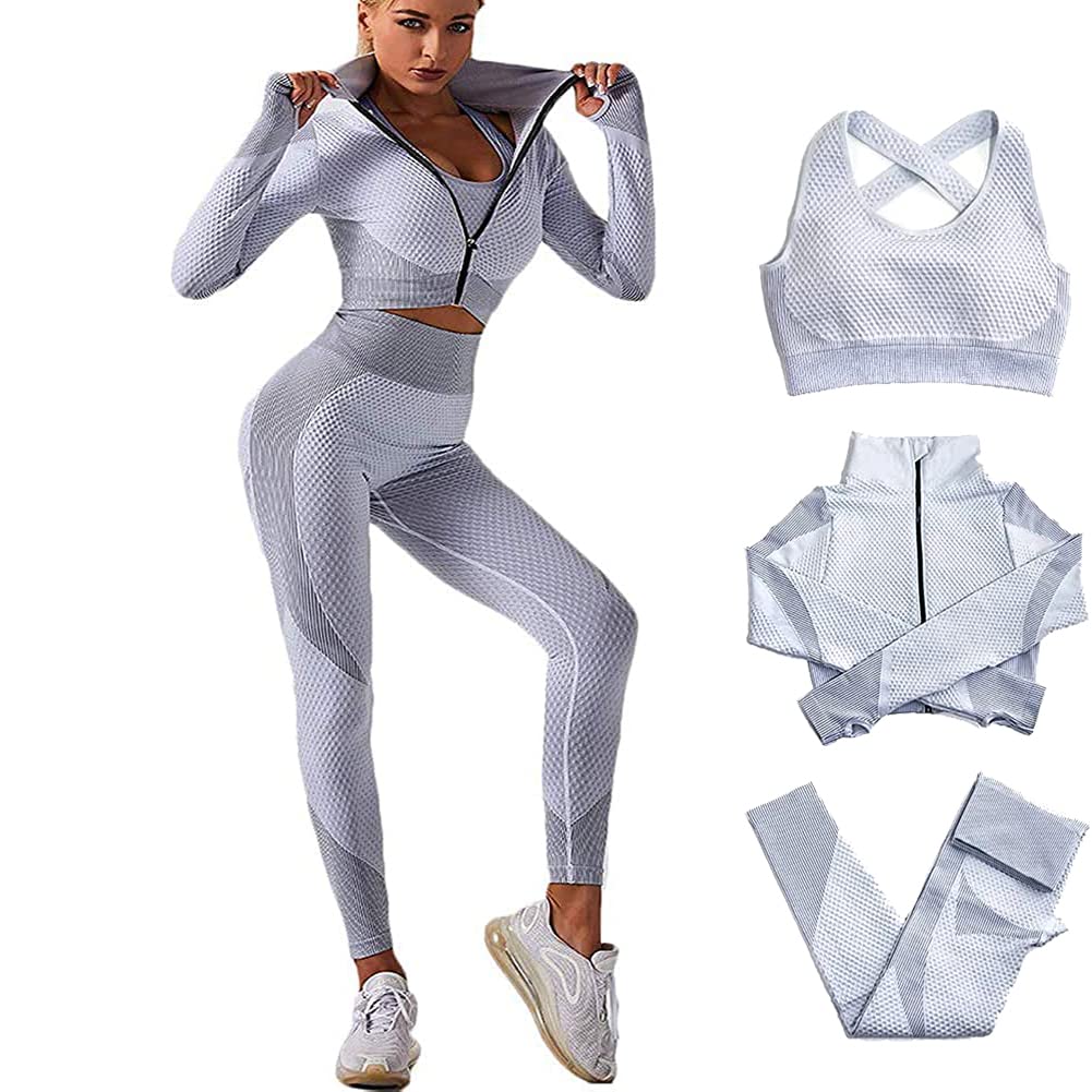 Veriliss Workoutpak voor dames, 3-delig, naadloze outfit, workoutset, gymkleding, yoga-sportkleding, legging en stretch sport-beha, gym-jumpsuit, kledingset, Grijs, L