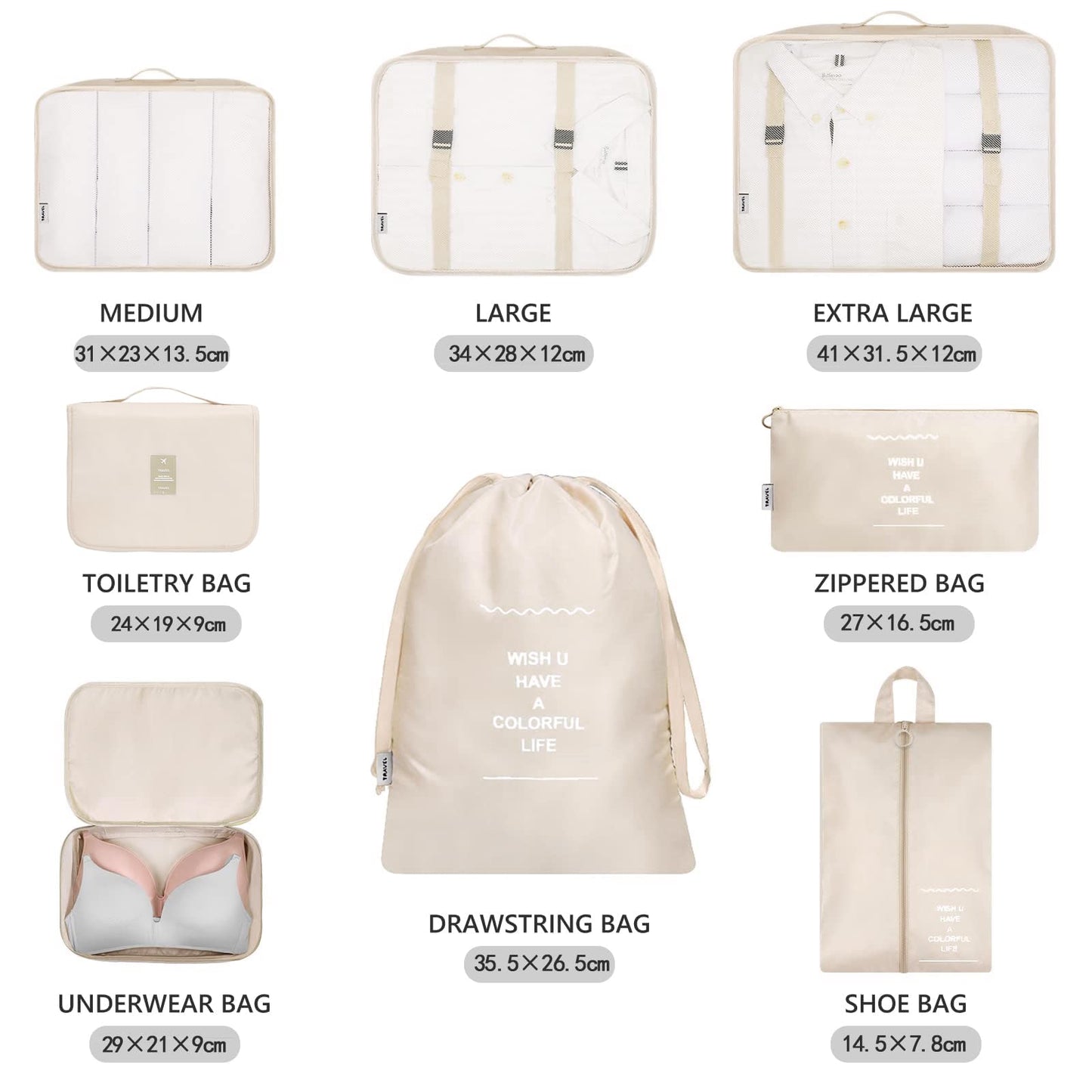 Packing Cubes, 8-delige set, kledingtassen, koffer-organizer voor vakantie en reizen, set pakkubussen, opbergsysteem voor koffer, beige