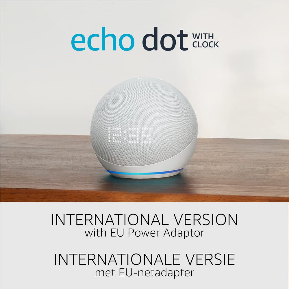 Echo Dot (5e generatie, 2022-release) met klok | Internationale versie | Slimme luidspreker met klok en Alexa | Wit | Nederlandse taal niet beschikbaar