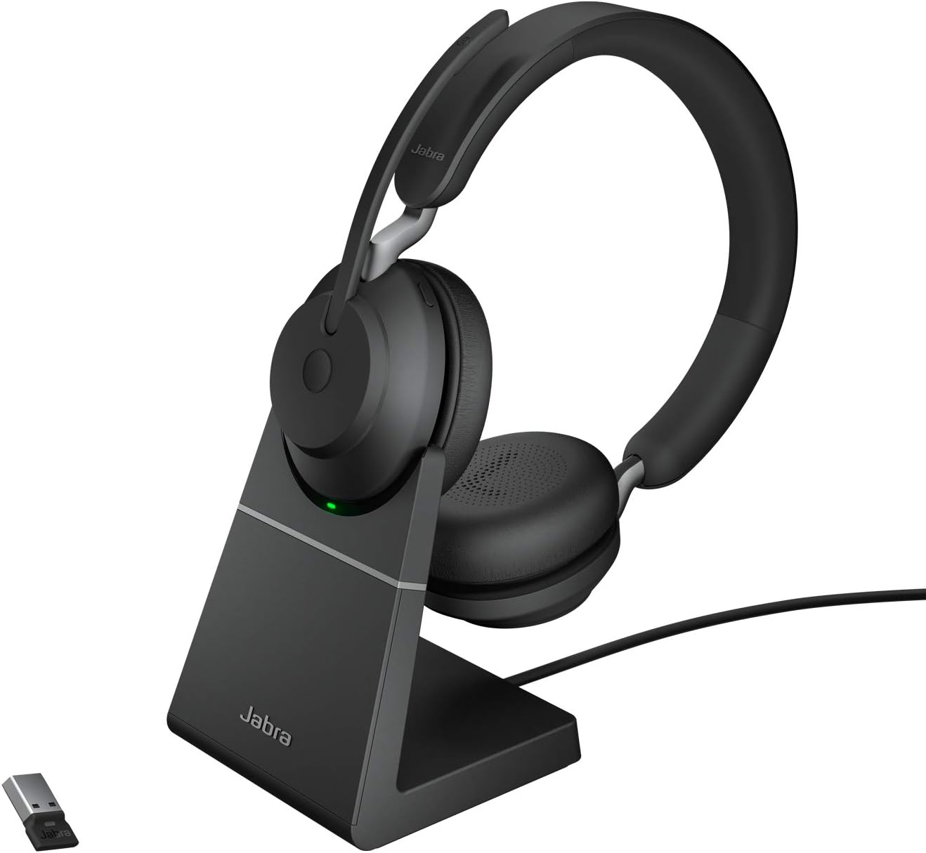 Jabra Evolve2 65 Wireless PC Headset with Charging Stand – Noise Cancelling UC Certified Stereo Headphones With Long-Lasting Battery – USB-A Bluetooth Adapter – Black