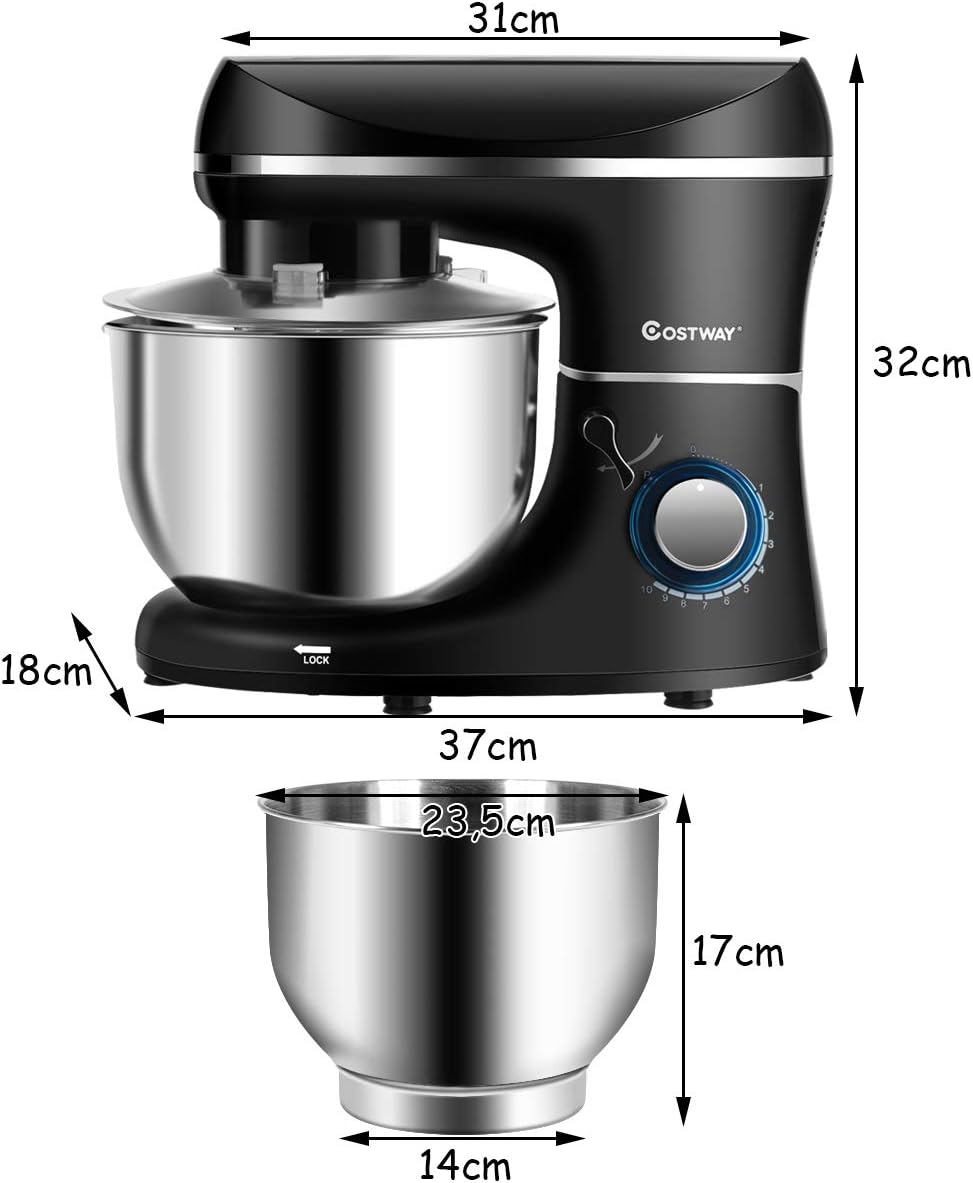 COSTWAY 1300W elektrische keukenmachine, staande mixer 5,5 liter mengkom, 10-snelheden kantelbare voedselmenger met klop, deeghaak, klopper en spatwater bescherming (Zwart)