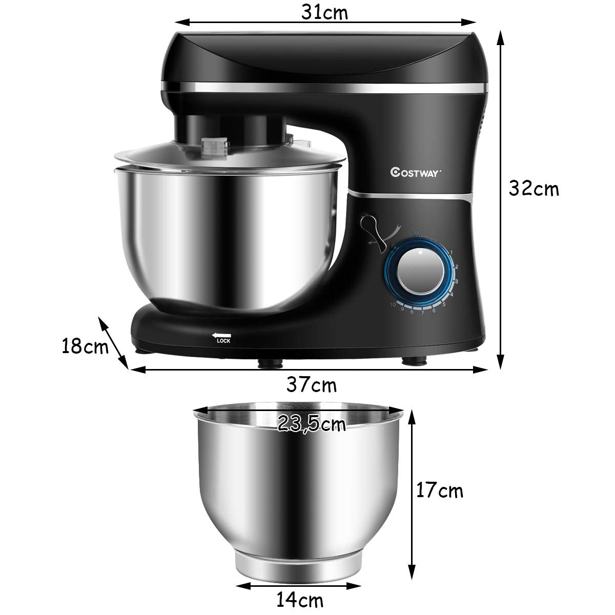 COSTWAY 1300W elektrische keukenmachine, staande mixer 5,5 liter mengkom, 10-snelheden kantelbare voedselmenger met klop, deeghaak, klopper en spatwater bescherming (Zwart)