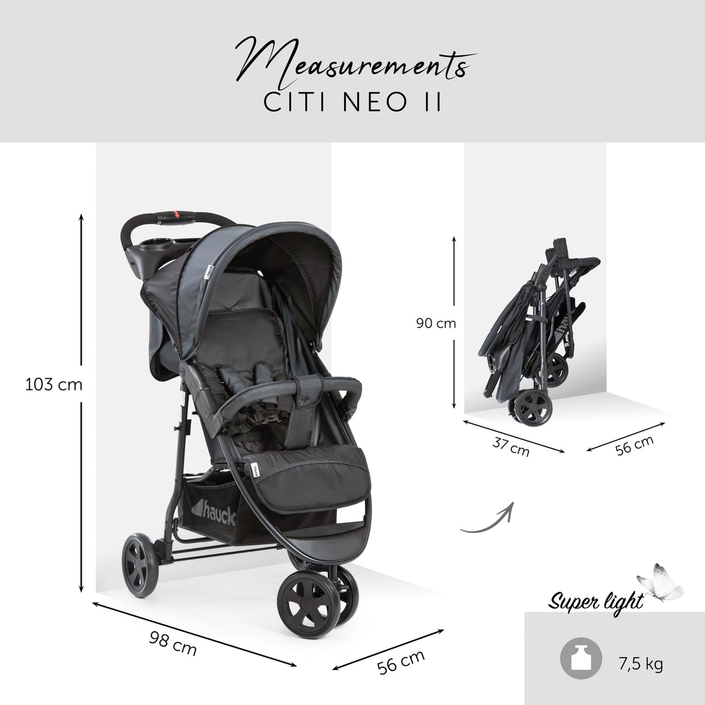 Hauck Citi Neo 2 kinderwagen met drie wielen, tot 25 kg/opvouwbaar met één hand/lichtgewicht - 7,5 kg/bekerhouder inbegrepen/ligpositie voor baby's vanaf de geboorte/grote mand/grijs