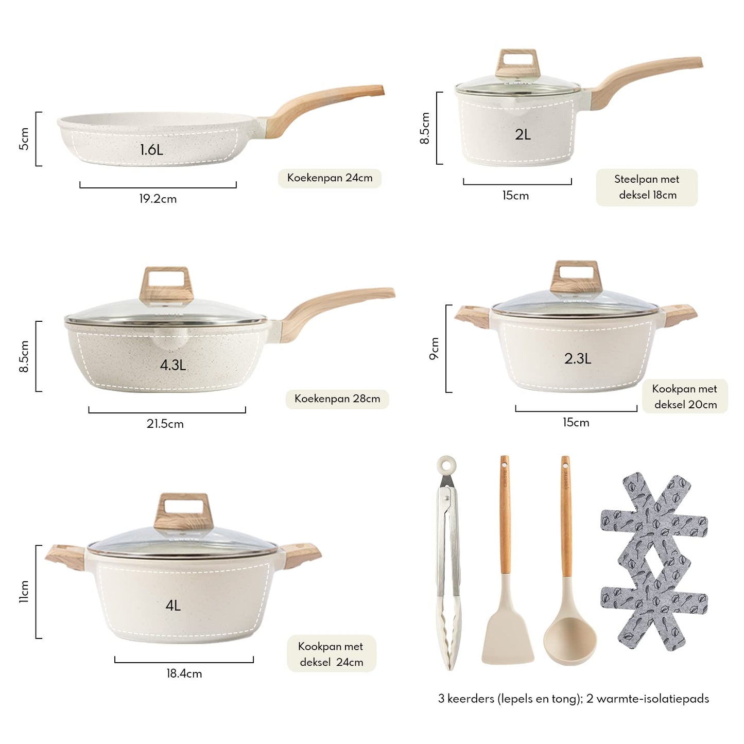 CAROTE Pannenset 14-delig,Bestaande uit een pan van 24/28 cm,18/20/24 cm Kookpan Met deksel en Keukengerei,Niet giftig ,Compatibel met alle fornuizen