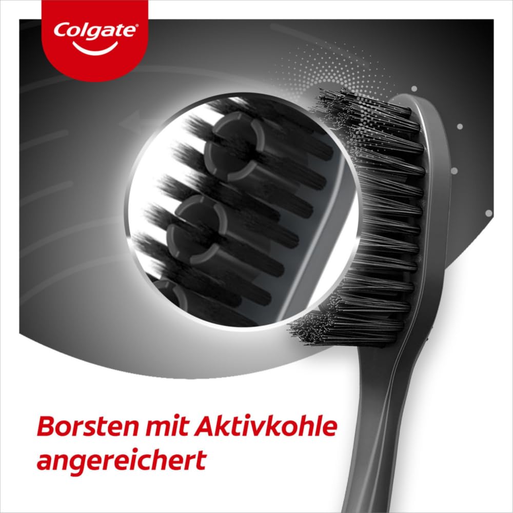 Colgate Tandenborstel 360° actieve kool, 1 stuk – met middelharde borstelharen en actieve kool voor een grondige tandreiniging – geïntegreerde wang- en tongreiniger