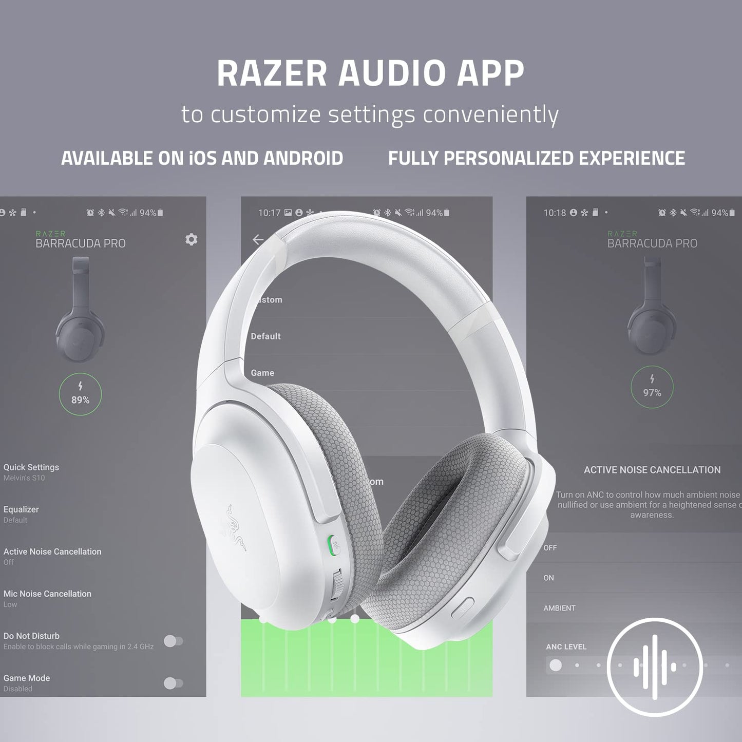 Razer Barracuda Draadloze multiplatformgaming en mobiele headset Razer SmartSwitch Dual Wireless ruisonderdrukkende microfoons TriForce Titanium 50 mm driver Mercury standaard