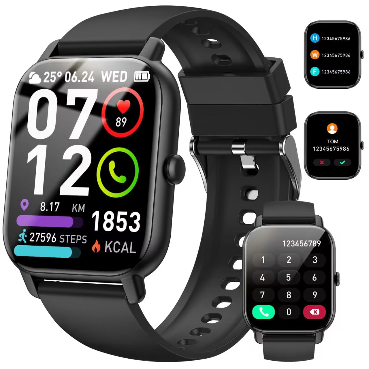 Smart Watch Beantwoorden/Bellen voeren, 1,8 inch smartwatches voor dames en heren, fitnesshorloge SpO2/Hartslag/Slaapmonitor, 112 sportmodi, calorieën/stappenteller, IP7 waterdichte fitnesstracker