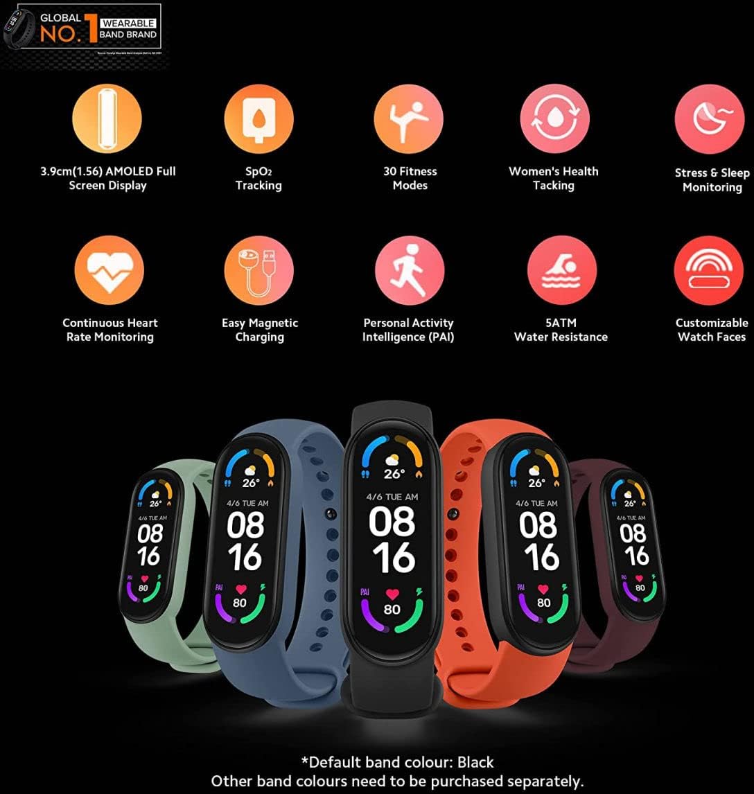 Xiaomi XMSH15HM Mi Smart Band 6 Smart Watch, 1,56 "AMOLED-scherm, sporttracking, waterbestendig tot 5 ATM, antibacteriële riem, 125 mAh-batterij, Italiaanse versie, normaal, zwart