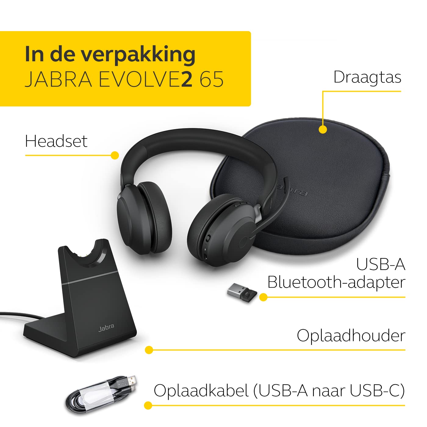 Jabra Evolve2 65 Wireless PC Headset with Charging Stand – Noise Cancelling UC Certified Stereo Headphones With Long-Lasting Battery – USB-A Bluetooth Adapter – Black