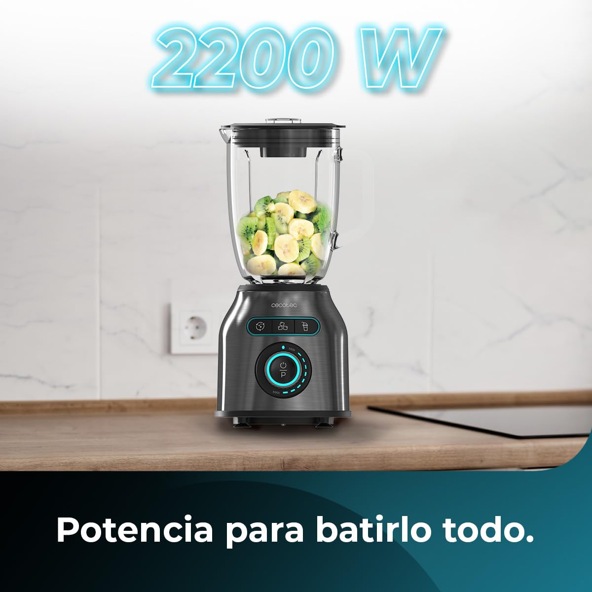 Cecotec Blender Power Black Titanium 2200MAX Smooth. 2200W Maximaal Vermogen, 6 Roestvrijstalen Messen, Ijs Verpletteren, Turbo en Smoothie Functie, AutoClean Functie