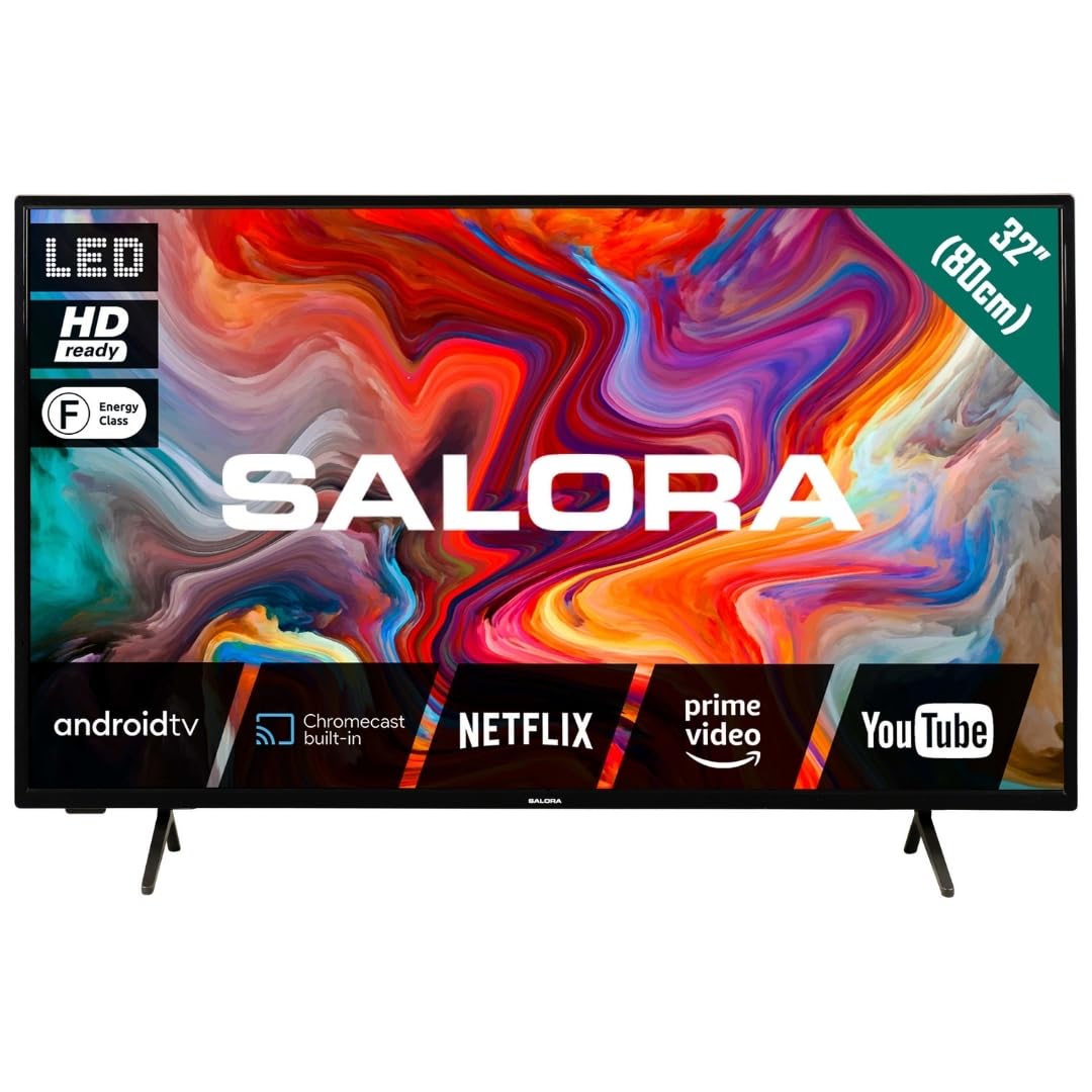 Salora SMART32TV - 32 Inch HD Smart Android TV met Ingebouwde Chromecast, Dolby Atmos, WiFi, Netflix, LED, Smart TV met Internet TV, Android TV, Prime Video, Apple TV, Disney+, Televisie, Zwart