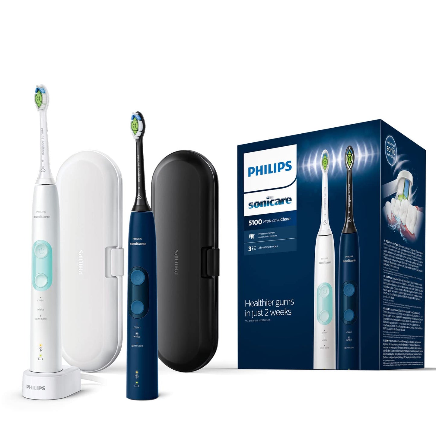 Philips Sonicare Elektrische Tandenborstel ProtectiveClean 5100 Duo - Voor wittere tanden - Ingebouwde poetsdruksensor - 3 Poetsstanden - Signaal opzetborstel vervangen- Reisetui - HX6851/34