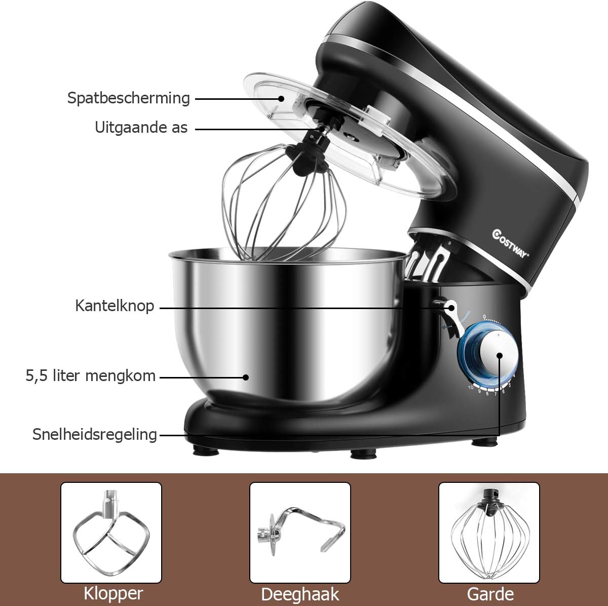 COSTWAY 1300W elektrische keukenmachine, staande mixer 5,5 liter mengkom, 10-snelheden kantelbare voedselmenger met klop, deeghaak, klopper en spatwater bescherming (Zwart)