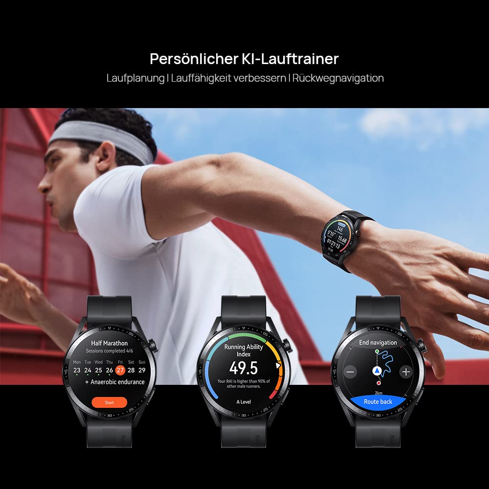 HUAWEI WATCH GT 3 46 mm smartwatch, duurzame batterijduur, de hele dag door SpO2-bewaking, persoonlijke AI-loopcoach, nauwkeurige hartslagbewaking, 100+ trainingsmodi, Zwart