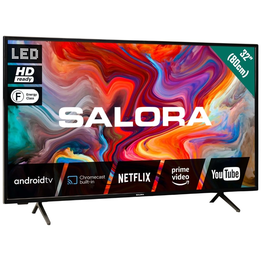 Salora SMART32TV - 32 Inch HD Smart Android TV met Ingebouwde Chromecast, Dolby Atmos, WiFi, Netflix, LED, Smart TV met Internet TV, Android TV, Prime Video, Apple TV, Disney+, Televisie, Zwart