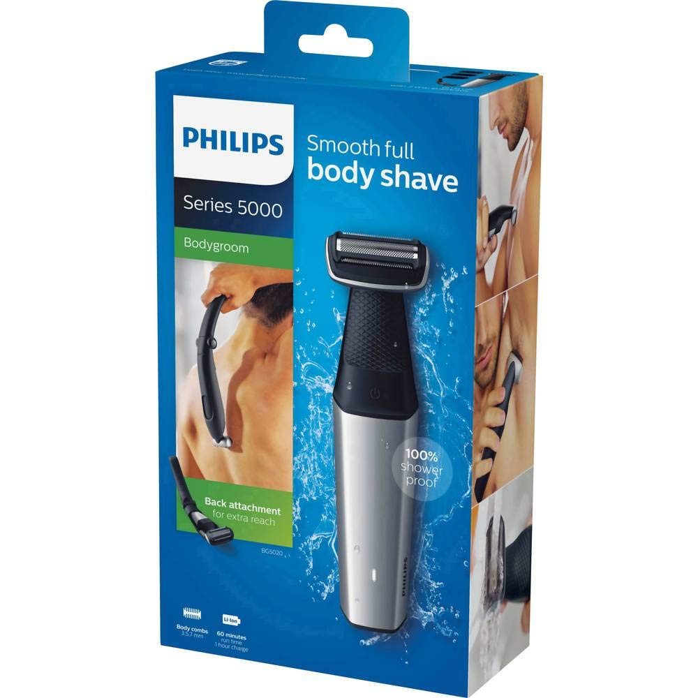 Philips Bodygroom Series 5000 - Te gebruiken onder de douche - 60 Minuten draadloos te gebruiken - 3 Opzetbare trimkammen - Extra lang opzetstuk voor je rug - Ergonomische handgreep - BG5020/15